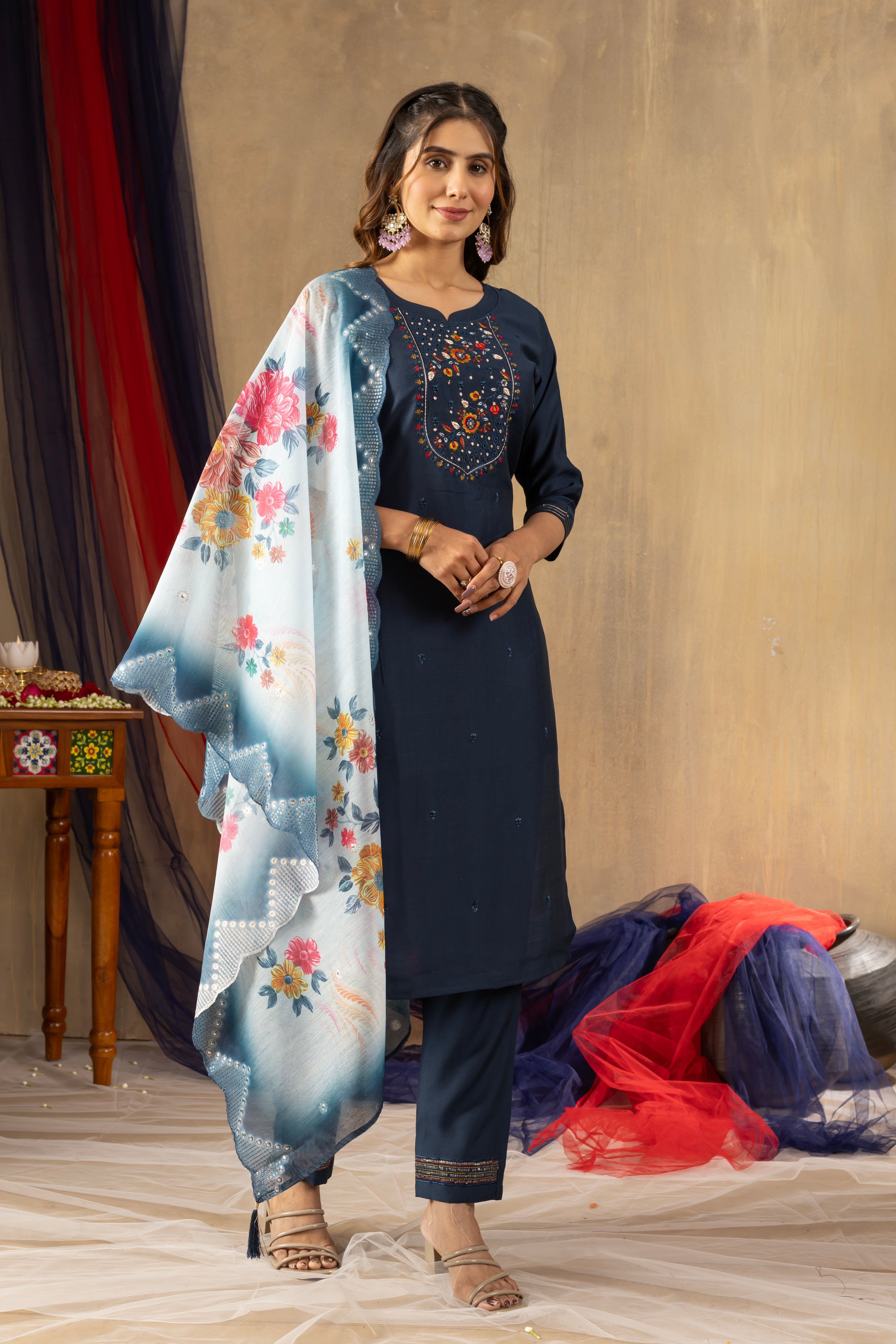 Premium Navy Blue Viscose Silk Multi Embroidered Suit Set
