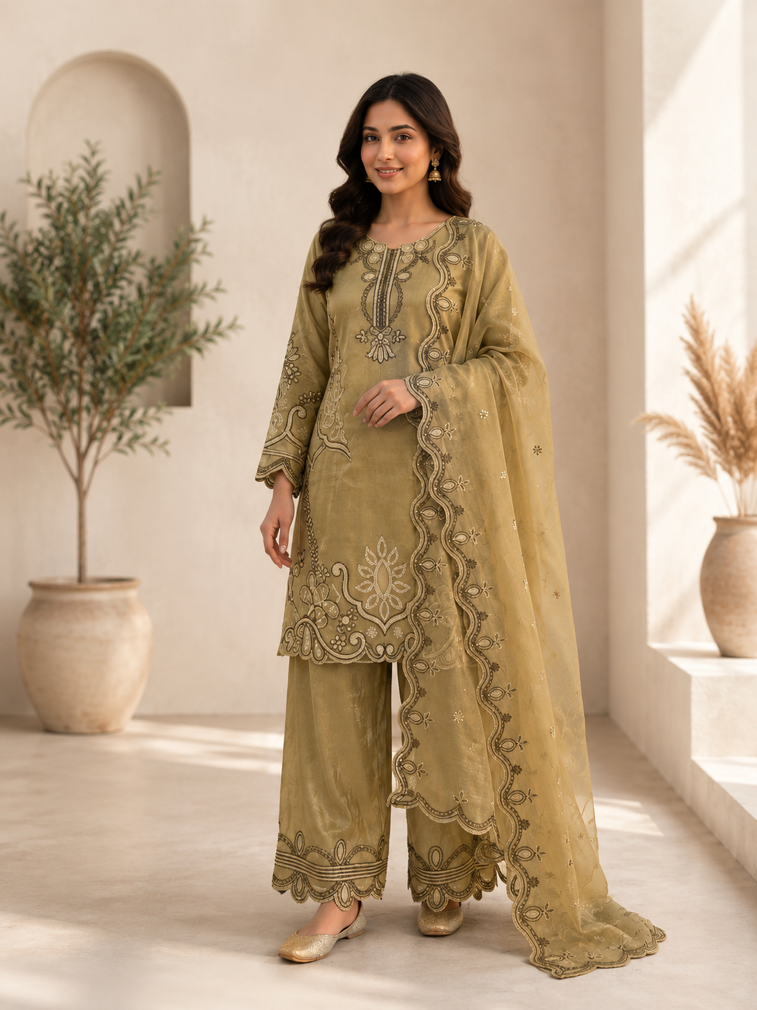 Elegant Olive Green Crunchy Silk Embroidered Suit Set with Organza Dupatta