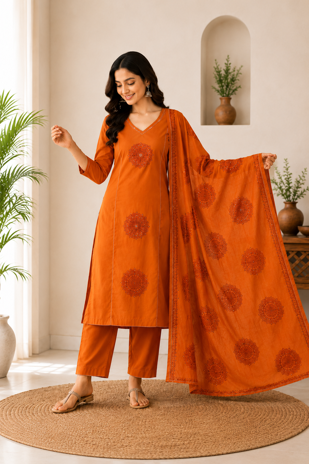 Premium Rust Orange Hand Block Print Pure Cotton Suit Set