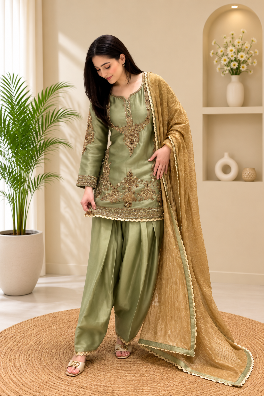 Premium Designer Sage Green Glass Satin Punjabi Salwar Suit Set