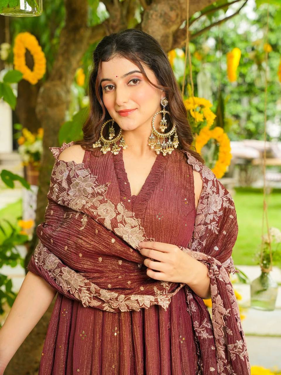 Elegant Brown Crunchy Silk Embroidered Anarkali Suit Set With Dupatta