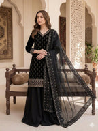 Elegant Black Embroidered Fendy Fabric Sharara Set with Sheer Dupatta