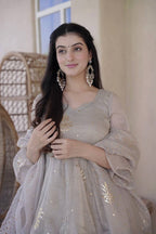 Very Attractive Grey Tabby Silk Sharara Suit with Foil Work