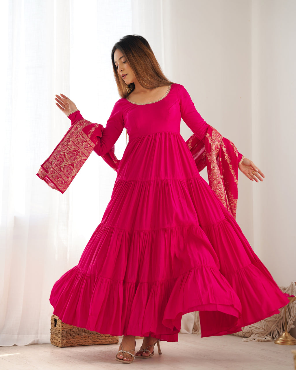 Pink Roman Silk Anarkali Suit Set with Woven Banarasi Dupatta