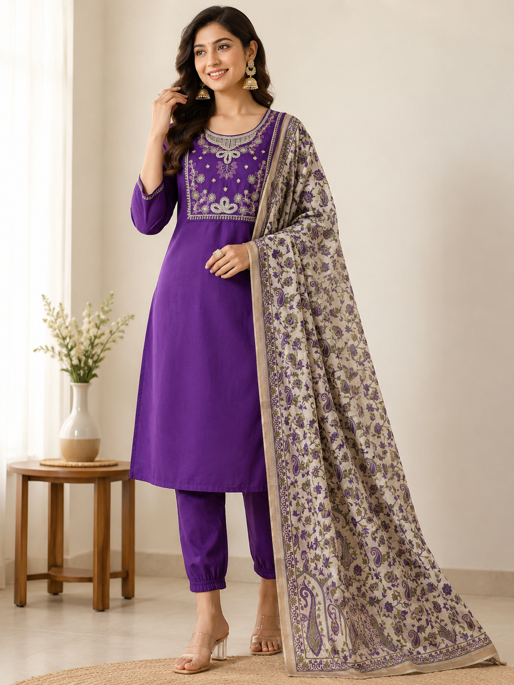 Premium Roman Silk Embroidered Suit Set with Kalamkari Dupatta