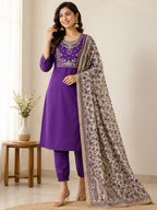 Premium Roman Silk Embroidered Suit Set with Kalamkari Dupatta