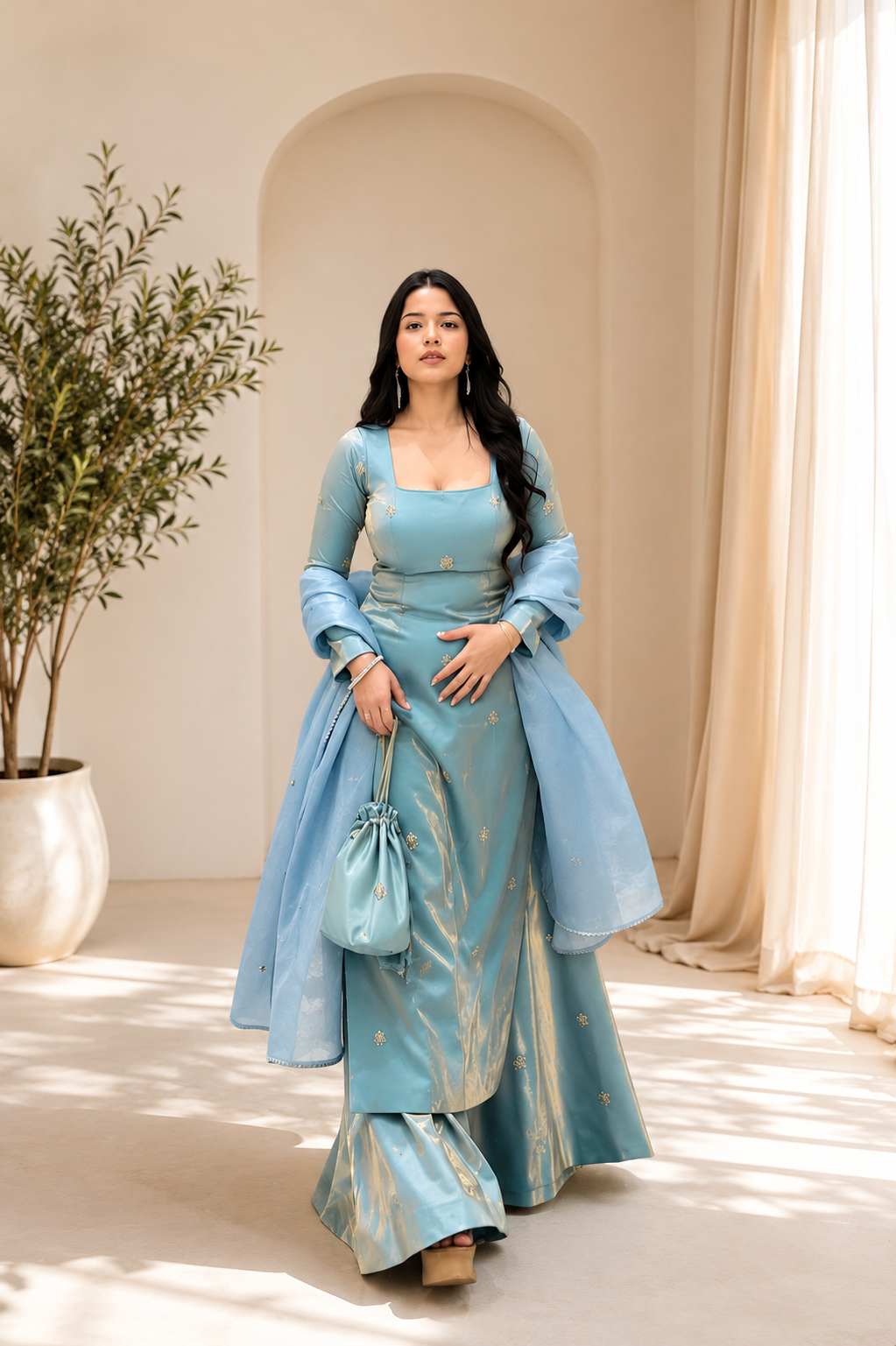 Elegant Sky Blue Fandy Silk Sharara Set With Sequence Work