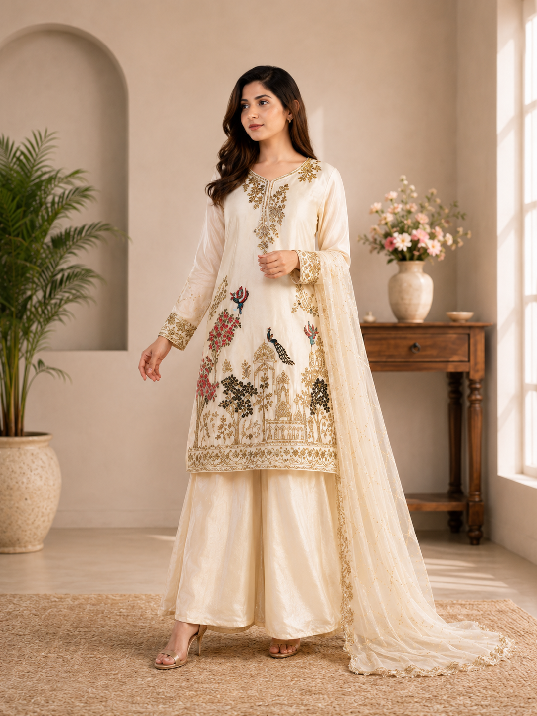 Very Beautiful Cream Fendy Silk Suit Set with Peacock Sequins Embroidery