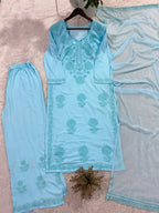 Elegant Sky Blue Rayon Embroidered Salwar Suit with Palazzo Pants