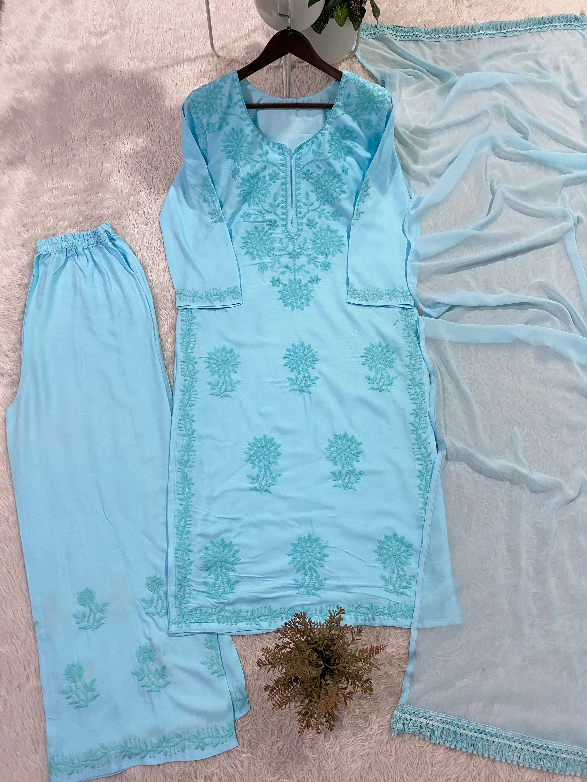 Elegant Sky Blue Rayon Embroidered Salwar Suit with Palazzo Pants