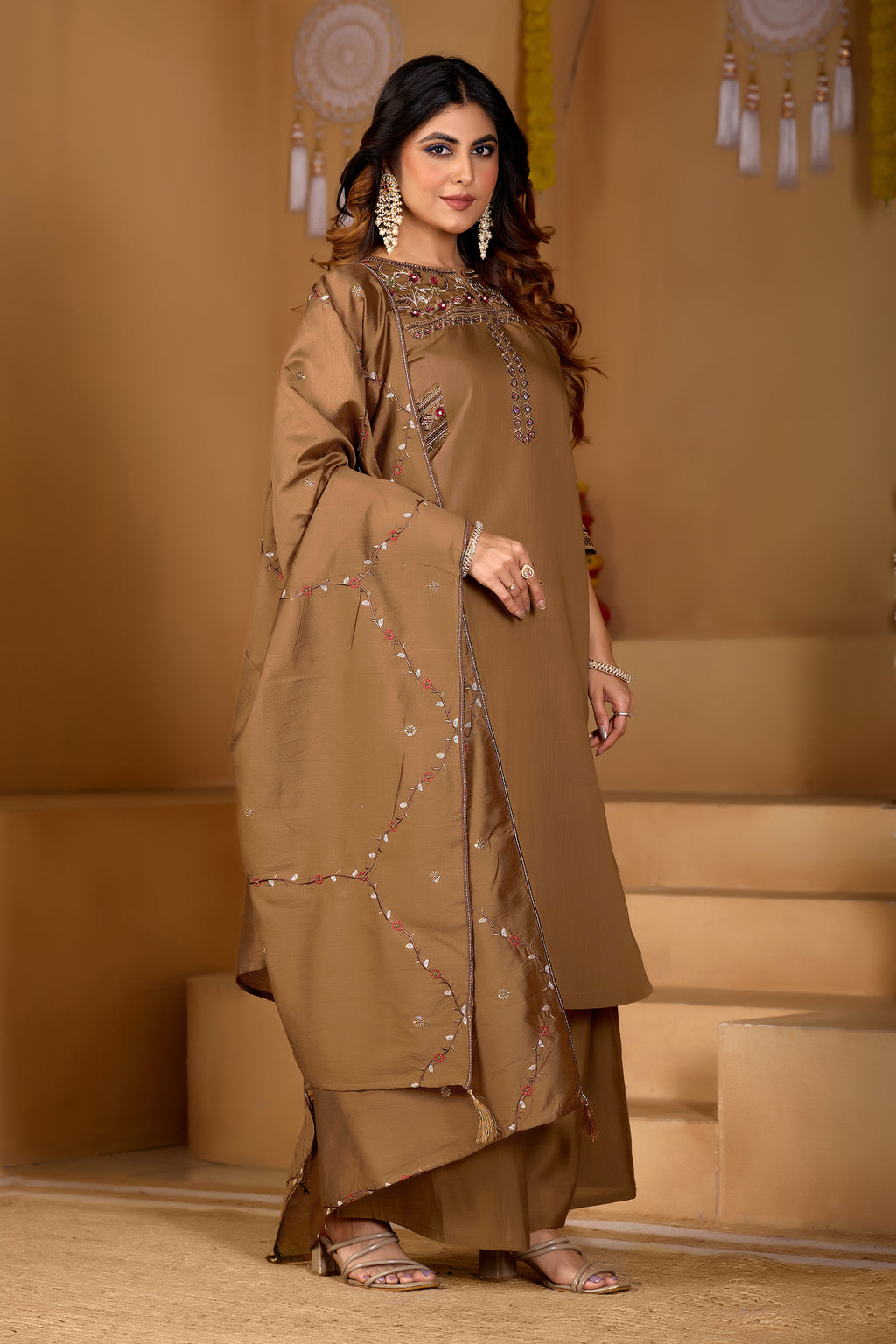 Beautiful Brown Viscose Mango Silk Anarkali Kurti Set