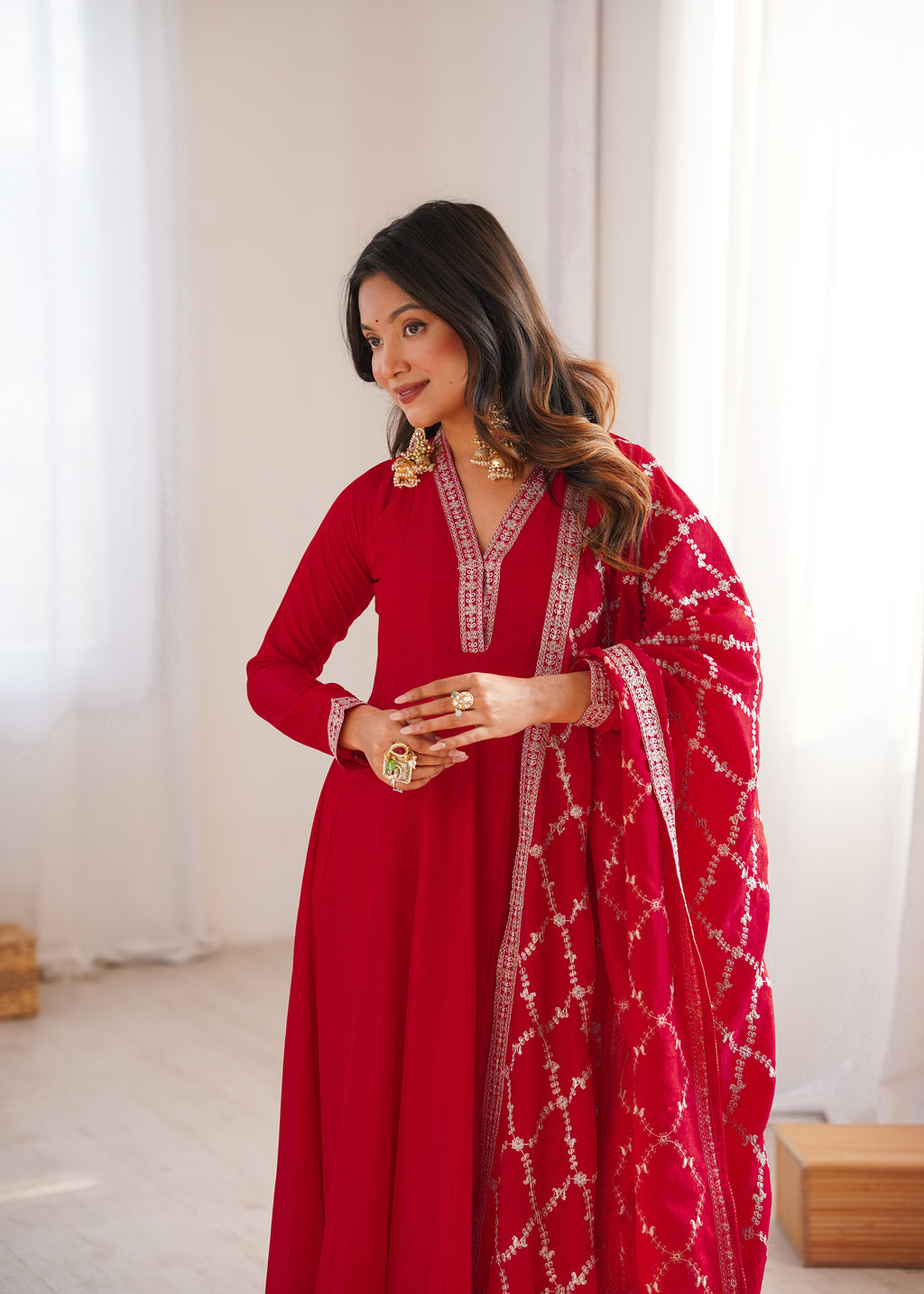 Cherry Red Luxury Festive Anarkali gown Suit with Intricate Silver Embroidery
