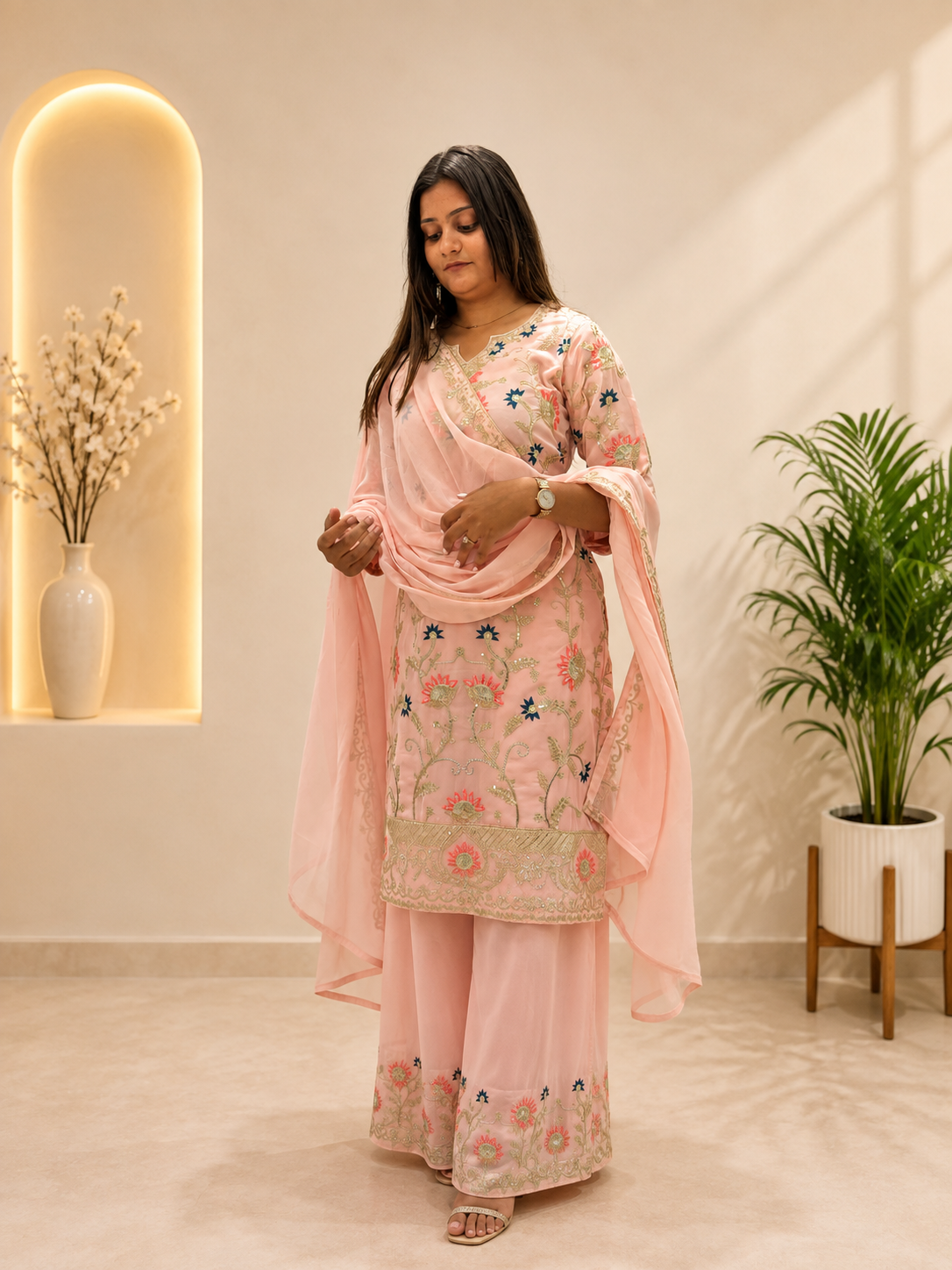 Premium Designer Pink Georgette Embroidery Suit Set