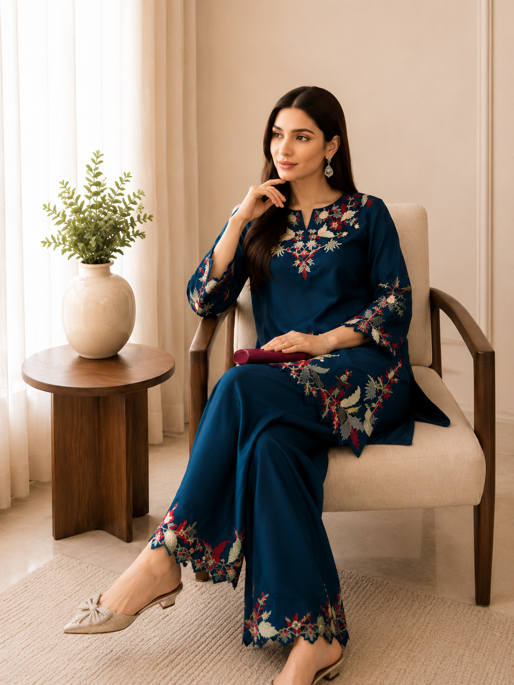 Premium Teal Blue French Crepe Embroidered Co-ord Set