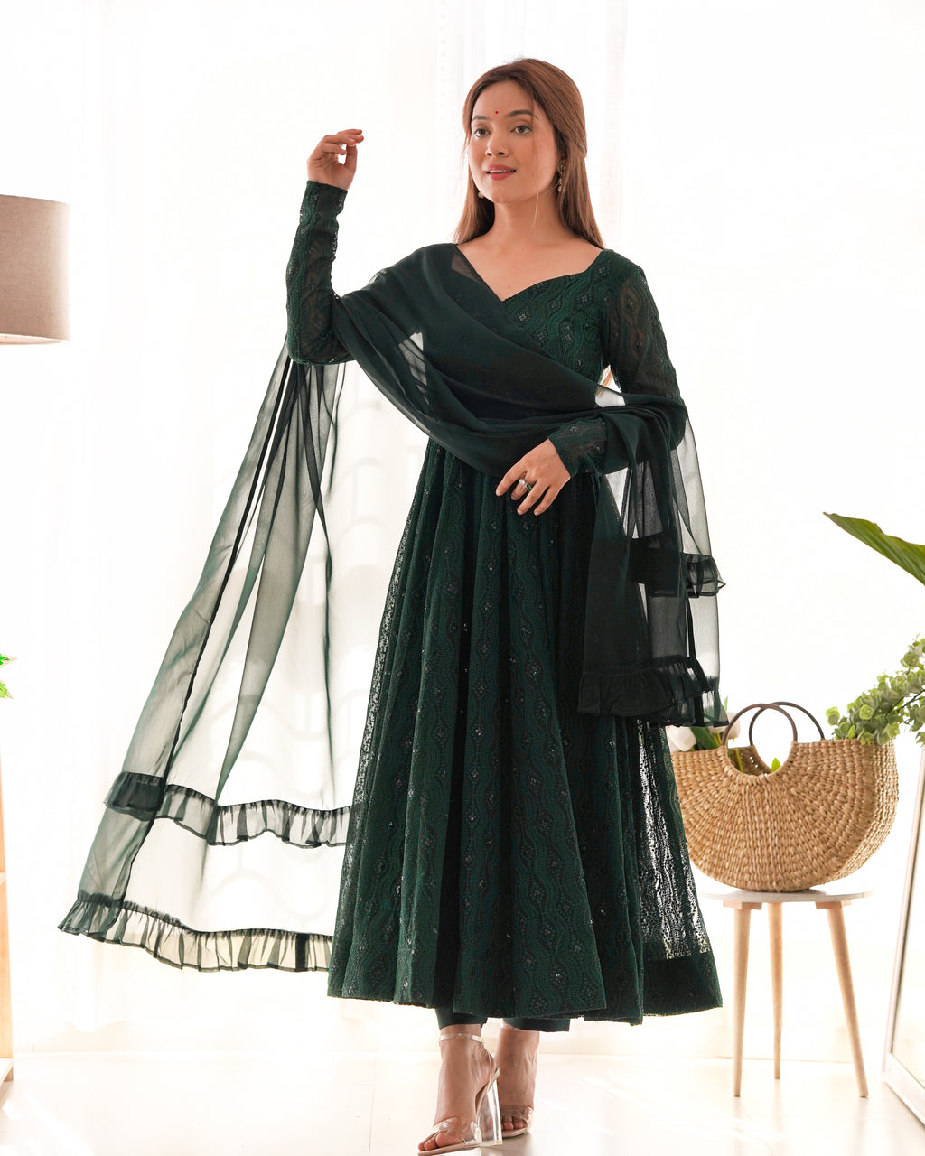 Emerald Grace Soft Georgette Silk Anarkali Suit Set with Ruffle Dupatta