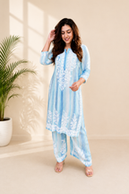 Beautiful Ocean Blue Striped Rayon Embroidery Chikankari Suit Set