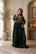 Green Blooming Vichitra Silk Embroidered Anarkali Gown