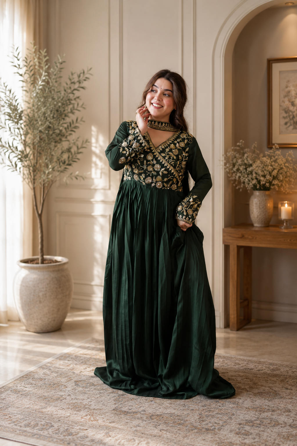 Green Blooming Vichitra Silk Embroidered Anarkali Gown