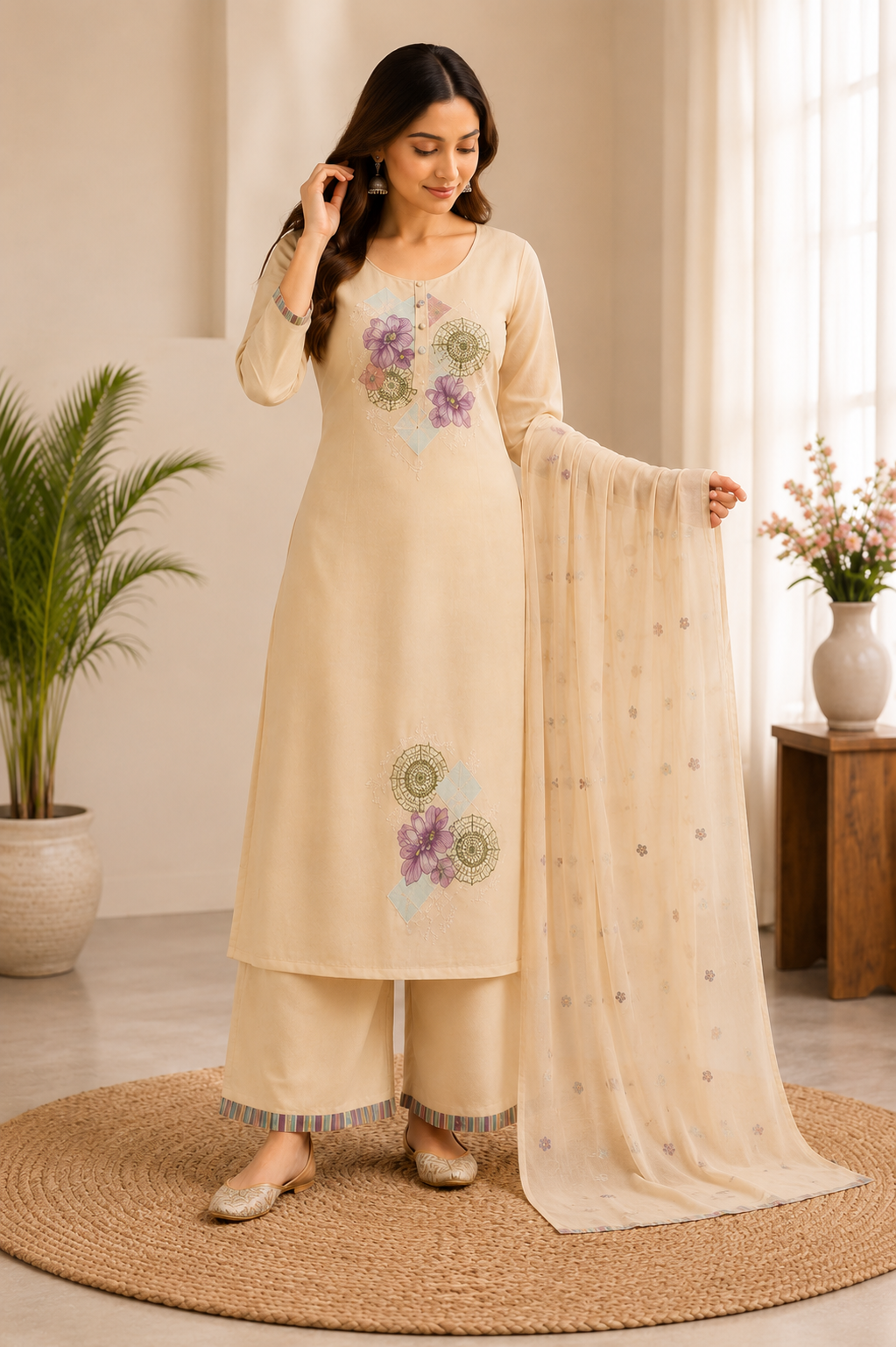 Elegant Beige Pure Cotton Thread Embroidery Suit Set