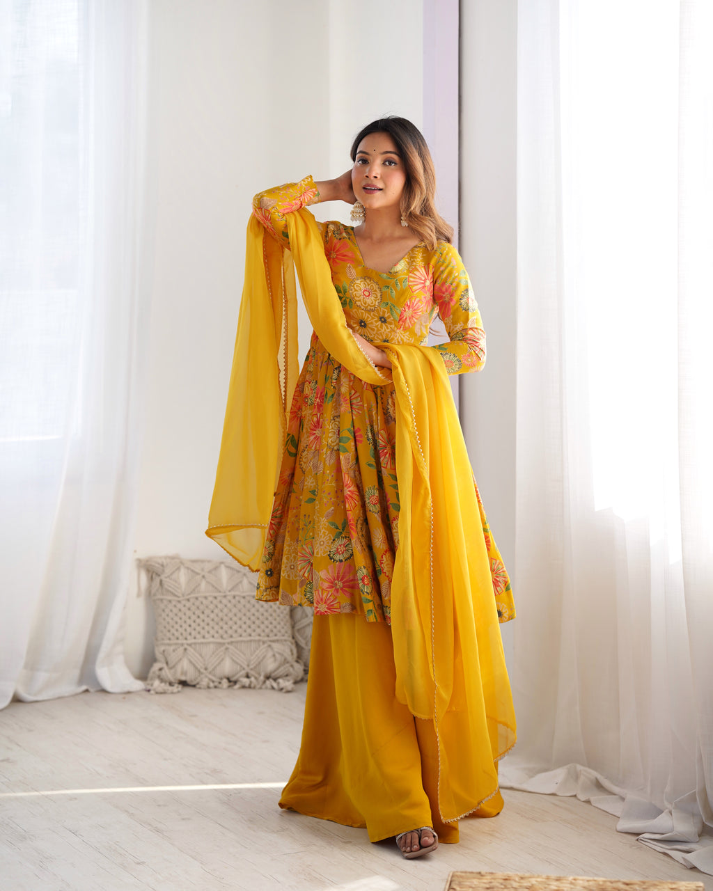 Sunshine Bloom Printed Roman Silk Kurta Palazzo Set with Dupatta