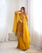Sunshine Bloom Printed Roman Silk Kurta Palazzo Set with Dupatta