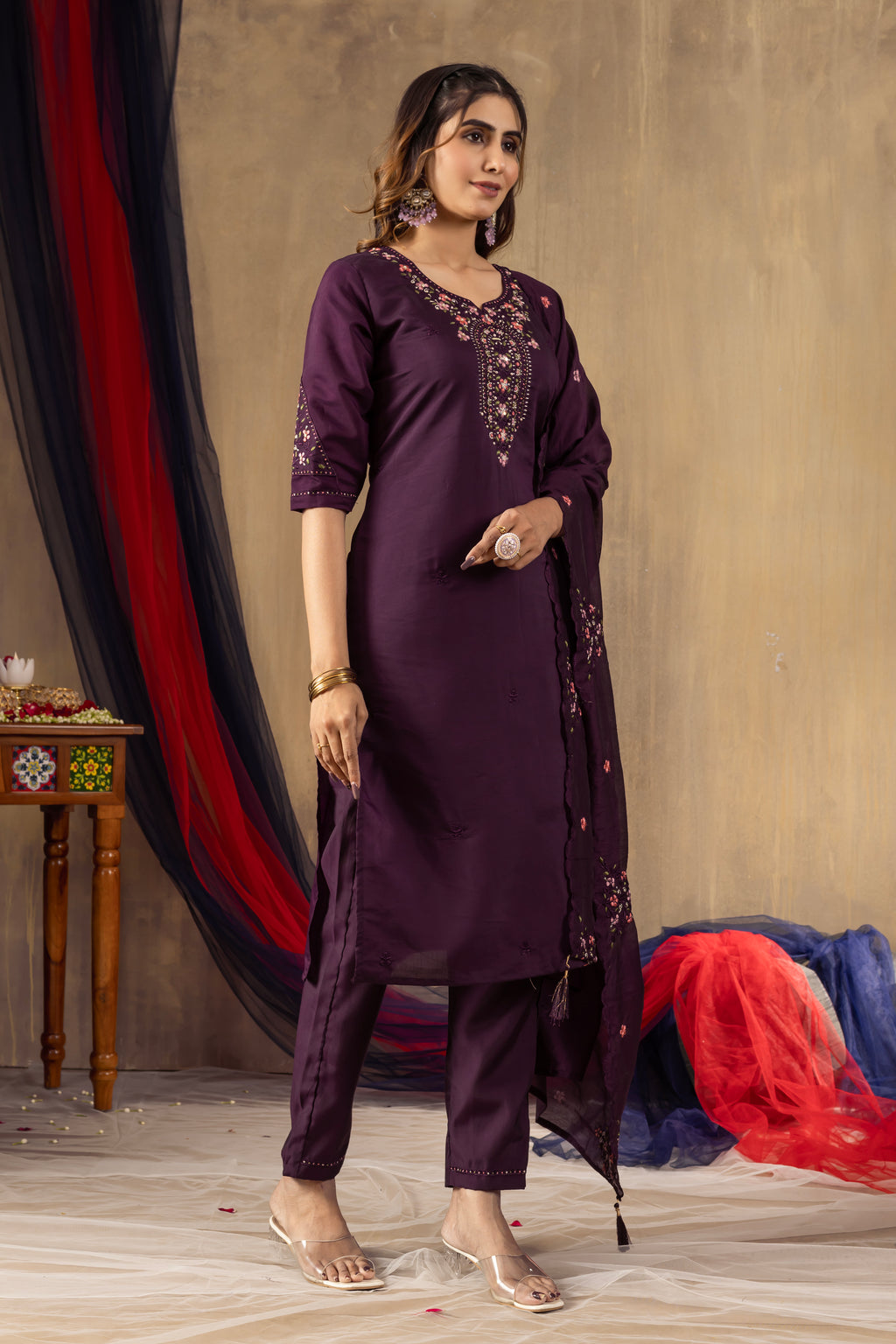 Elegant Roman Silk Kurta Pant Dupatta Set for Women