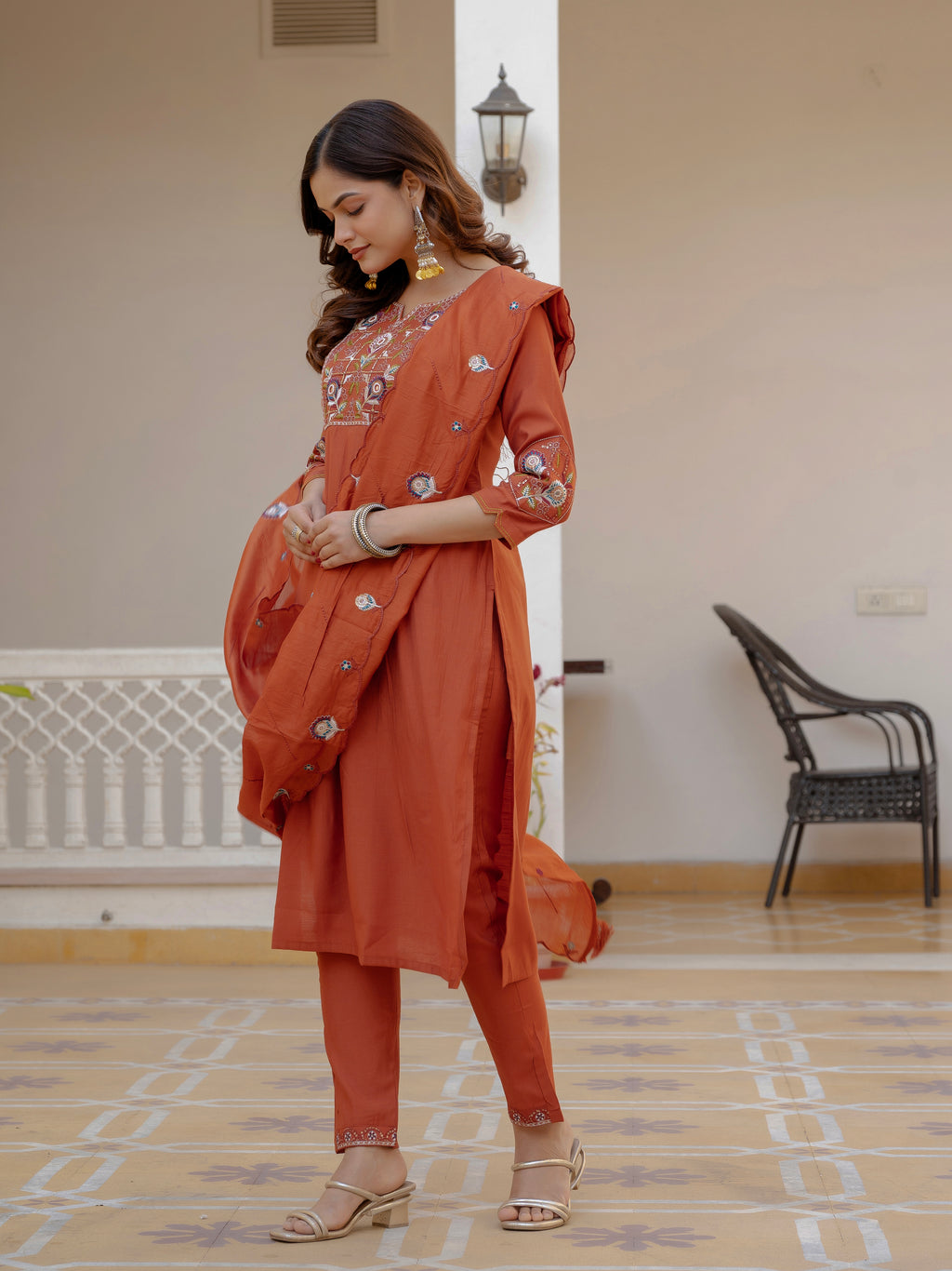 Designer Rust Orange Embroidered Kurta Set with Dupatta
