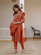 Designer Rust Orange Embroidered Kurta Set with Dupatta
