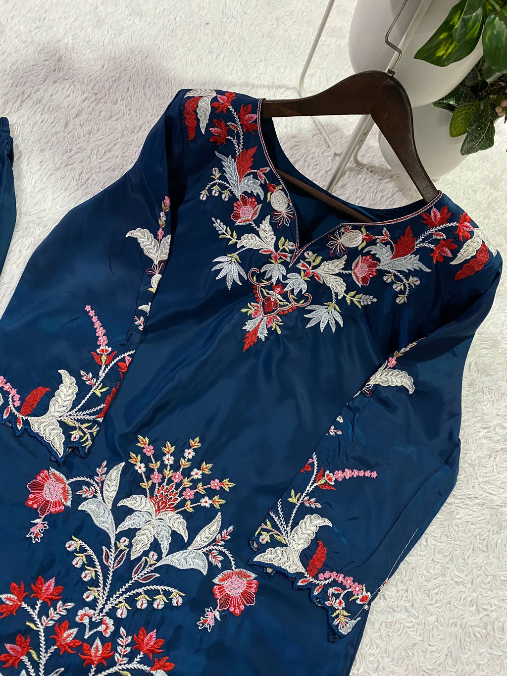 Premium Teal Blue French Crepe Embroidered Co-ord Set