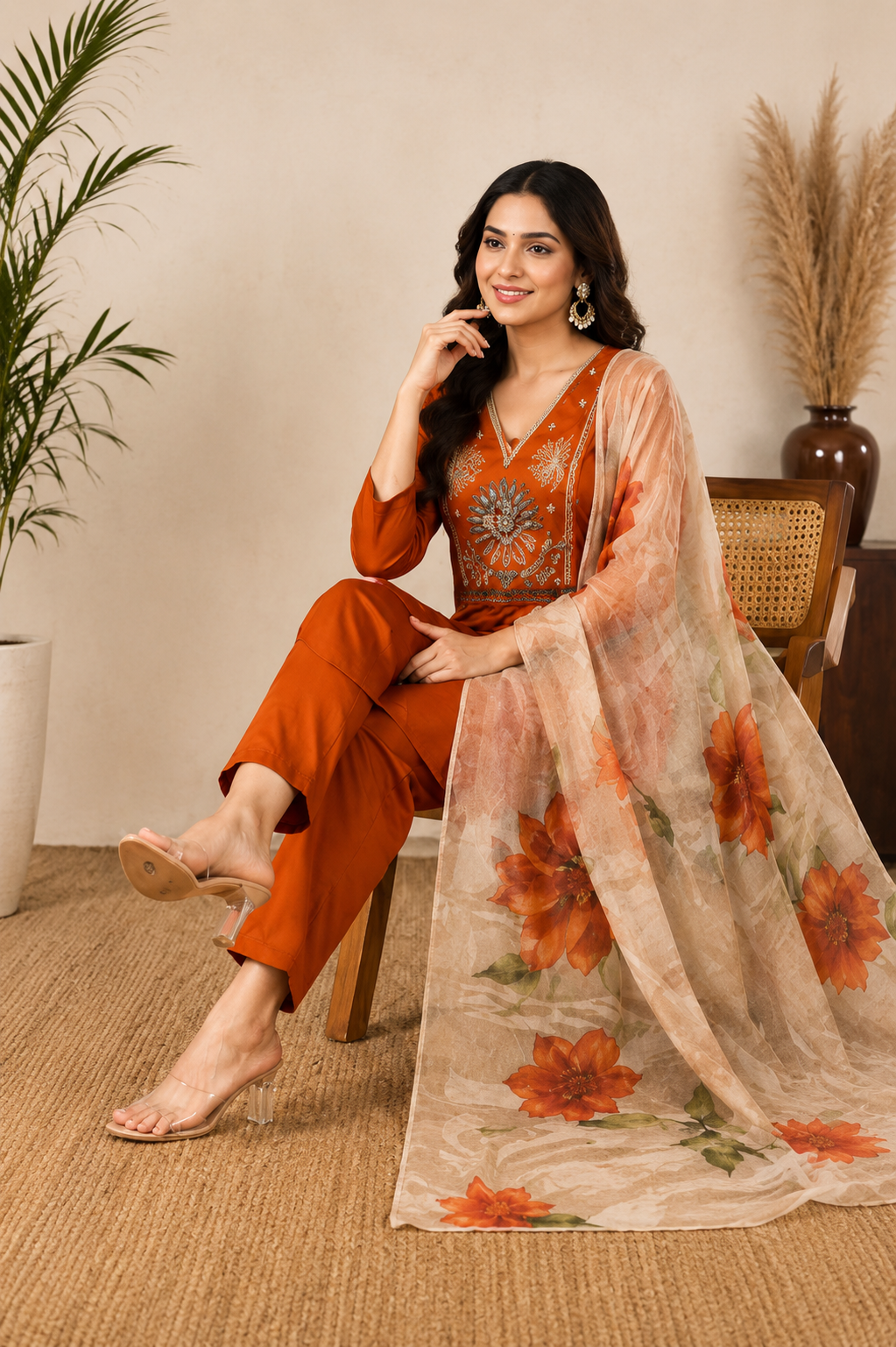 Elegant Rust Premium Roman Silk Embroidered Suit Set with Floral Dupatta