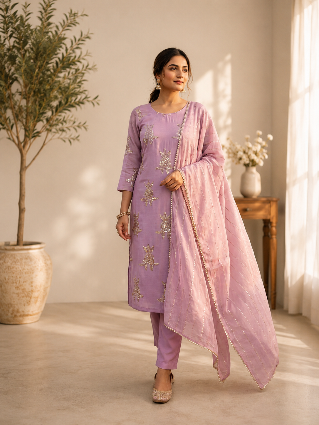 Elegant Pink Chinon 3-Piece Festive Salwar Suit Set with Sequin Work