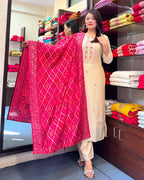 Elegant Cream Roman Silk Embroidered Suit Set with Banarasi Dupatta
