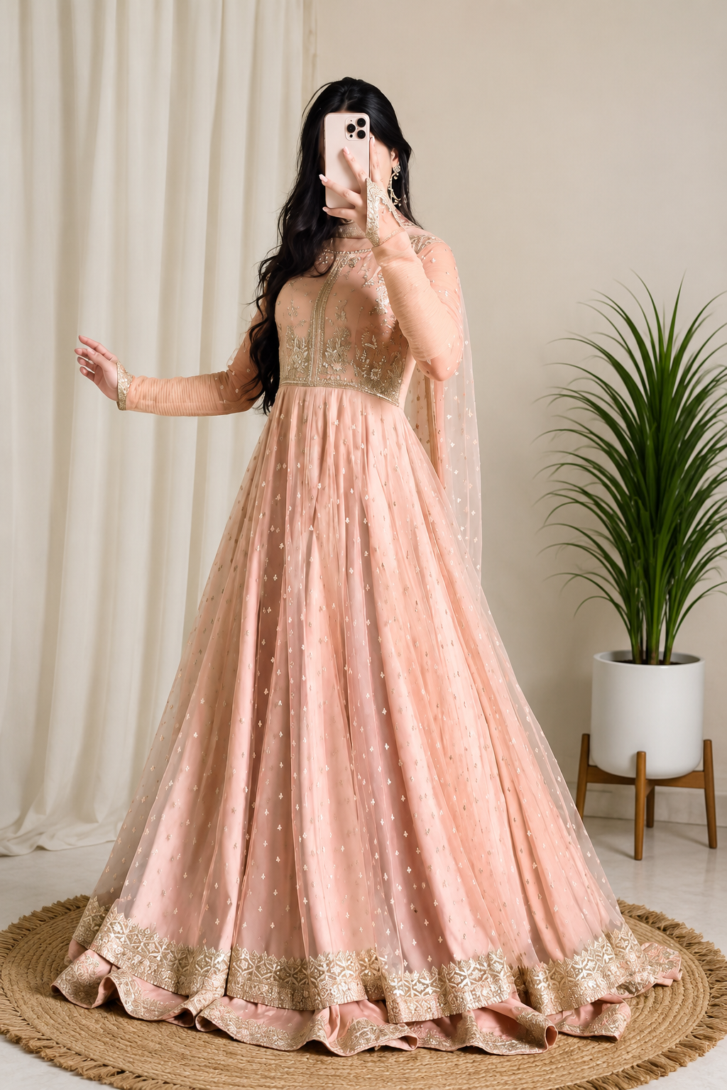 Peach Faux Georgette Thread and Sequence Anarkali Suit Set