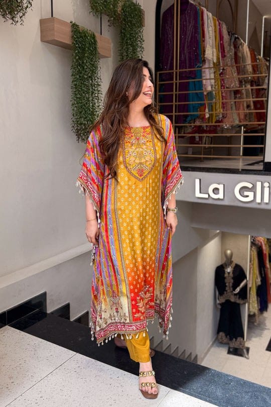 New Designer Pure Banana Silk Kaftan Set with Pants