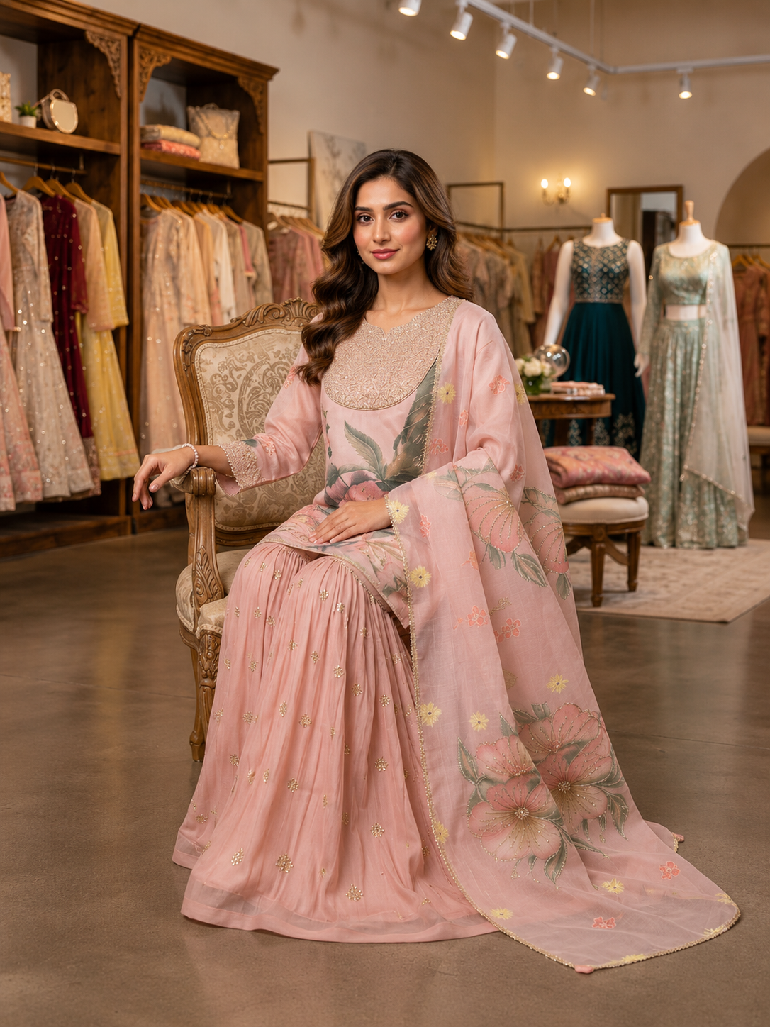 Elegant Blush Pink Sequence Embroidery Soft Organza Sharara Suit Set
