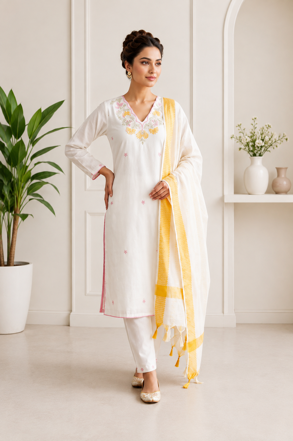 Pure Khadi Cotton Multi-Thread Embroidered Kurta Pant Set with Dupatta