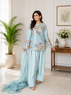 Elegant Modern Ice Blue Embroidered Crape Silk Suit Set with Organza Dupatta