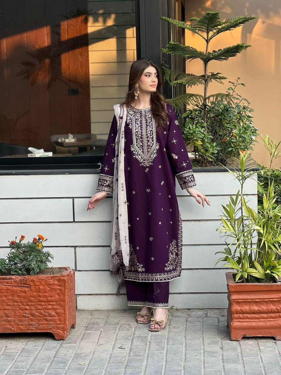 Elegant Royal Purple Faux Georgette Sequence Embroidery Salwar Suit Set
