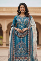 Elegant Teal Blue Chinon Printed Suit Set with Real Mirror Work