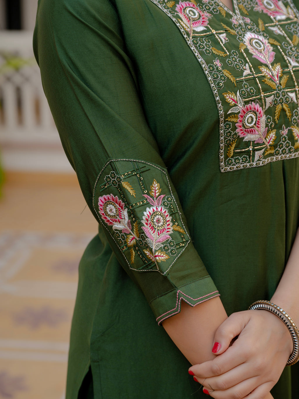 Elegant Green Mango Silk Suit Set with Floral Embroidery
