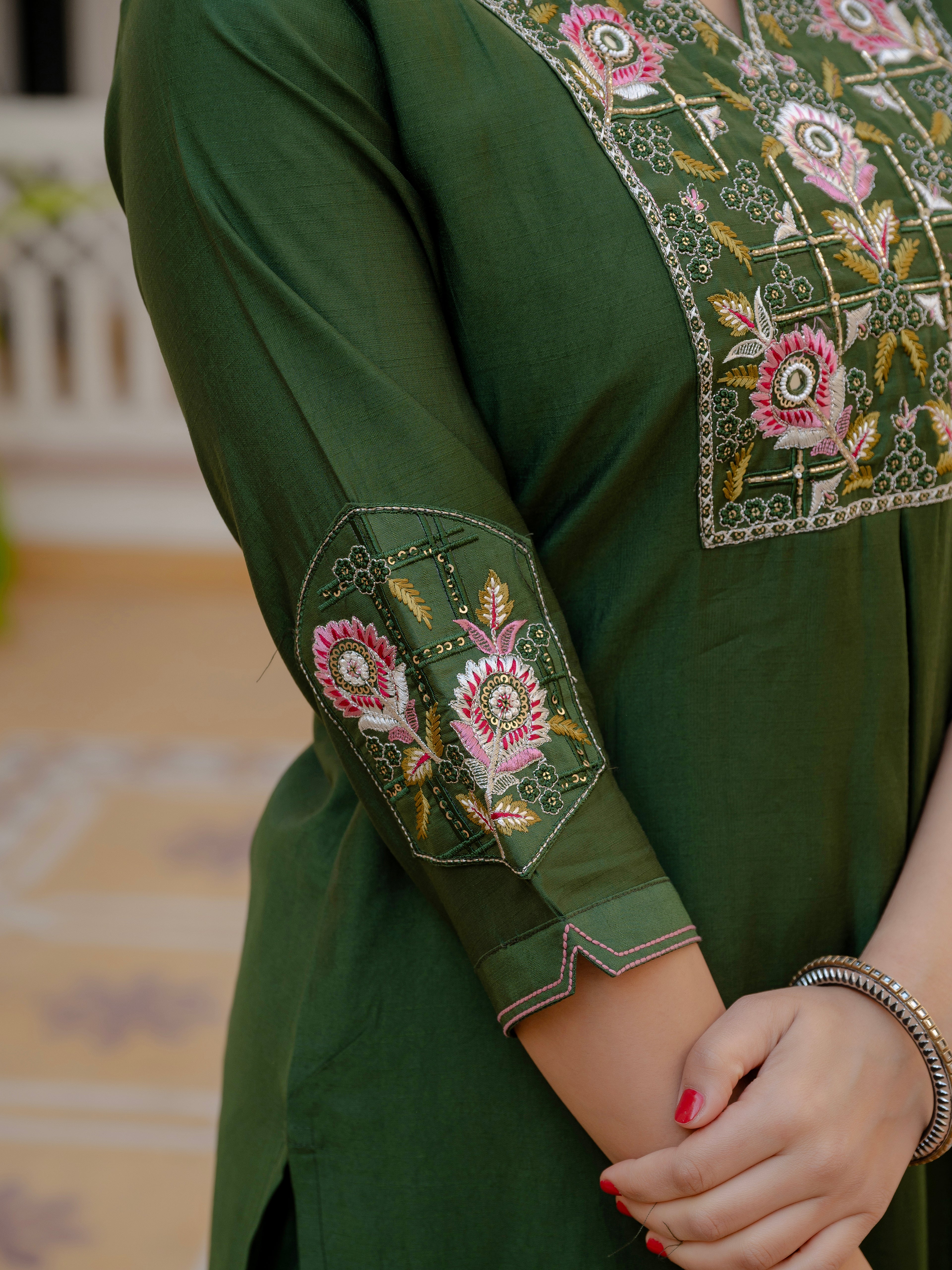 Elegant Green Mango Silk Suit Set with Floral Embroidery