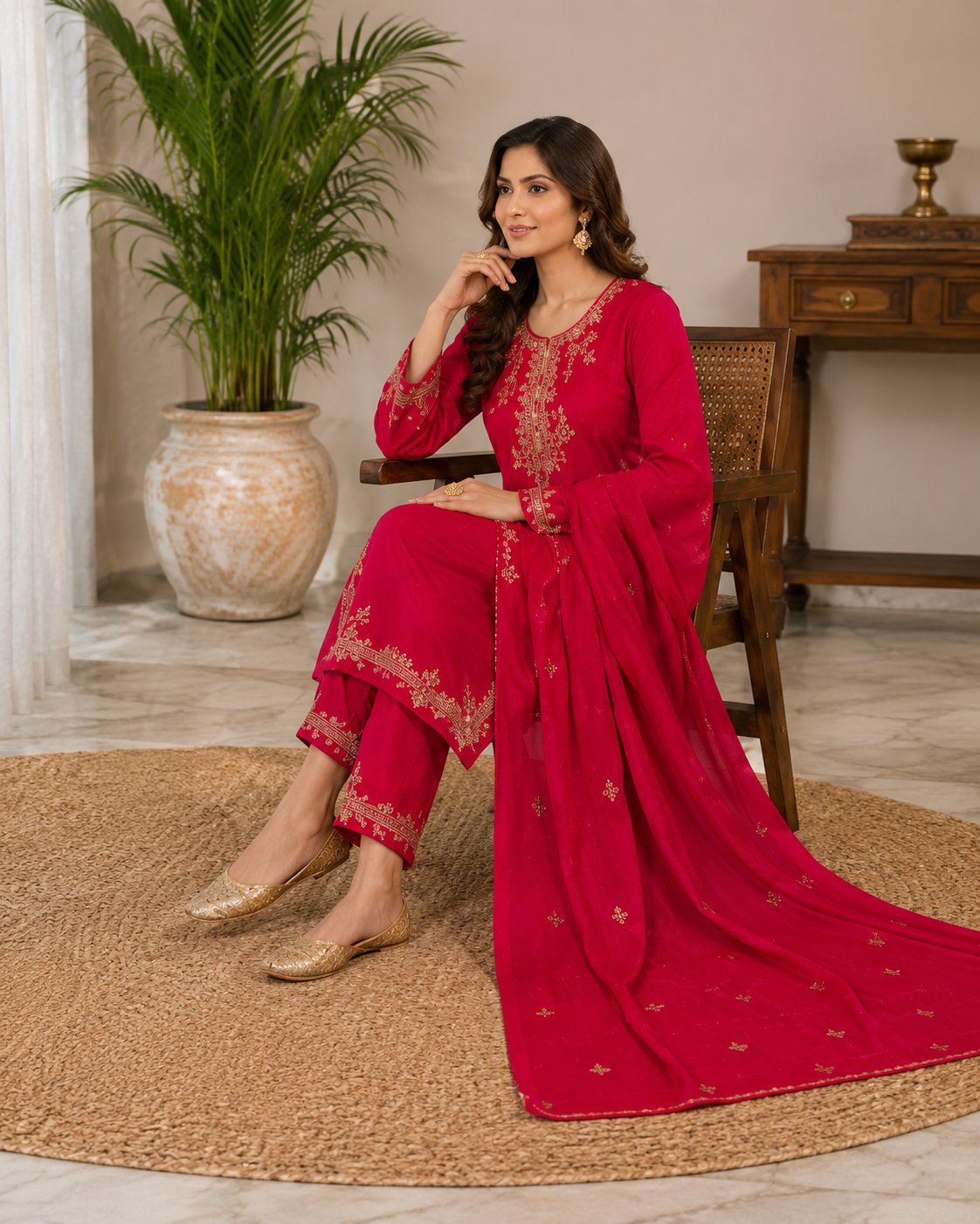 Elegant Red Embroidered Roman Silk Suit Set with Dupatta