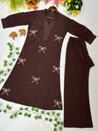 Elegant Mocha Brown Voile Cotton A-Line Tunic Set with Thread Work