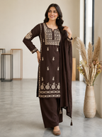 Very Attractive Brown Premium Rayon Embroidery Suit Set Set