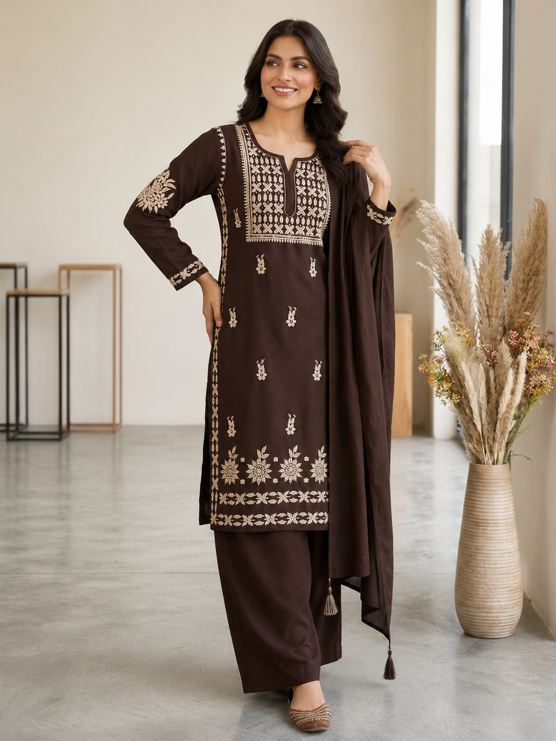 Very Attractive Brown Premium Rayon Embroidery Suit Set Set