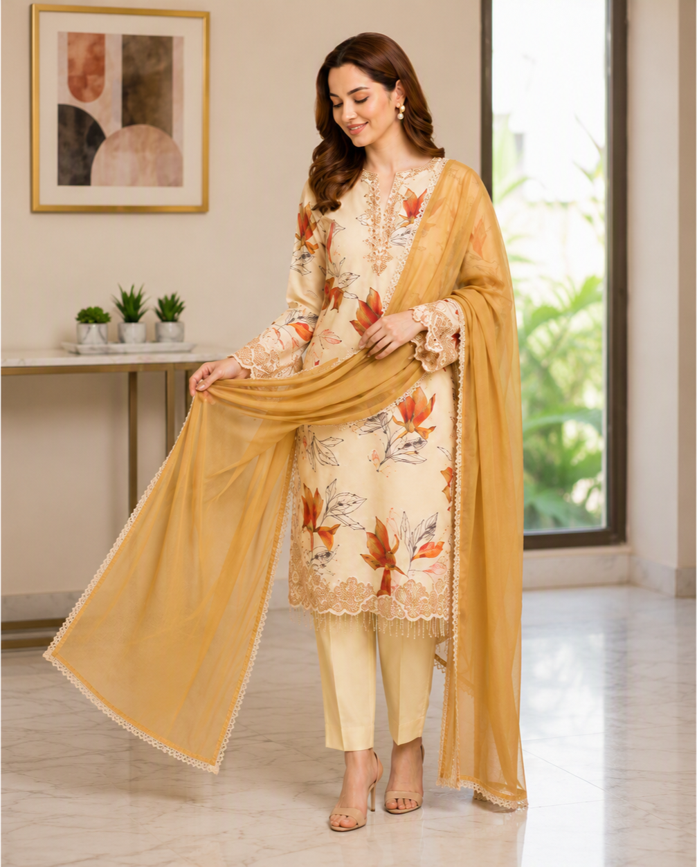 Very Beautiful Cream Muslin Silk Floral Print Suit Set