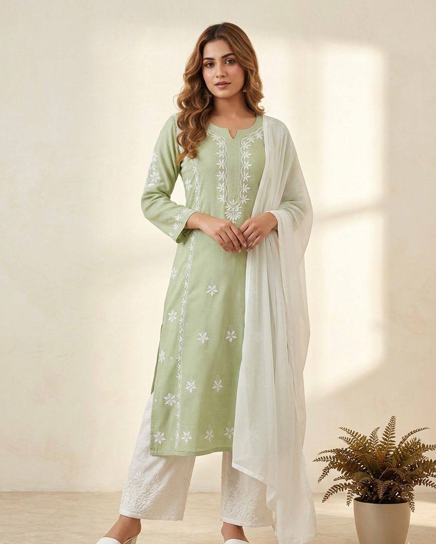 Elegant Sage Green Rayon Embroidered Suit Set With Dupatta