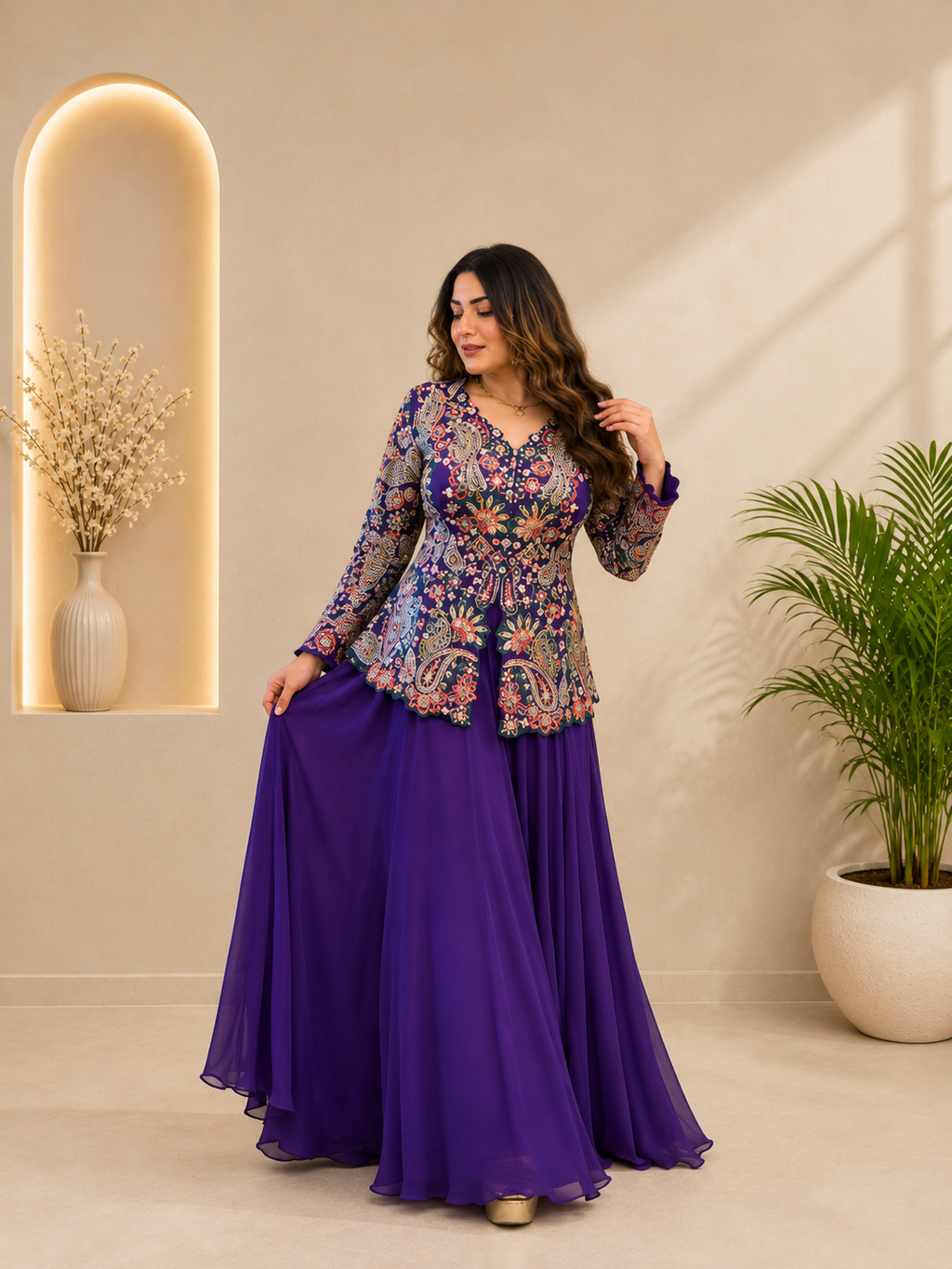 Festive Designer Royal Purple Georgette Indo-Western Set