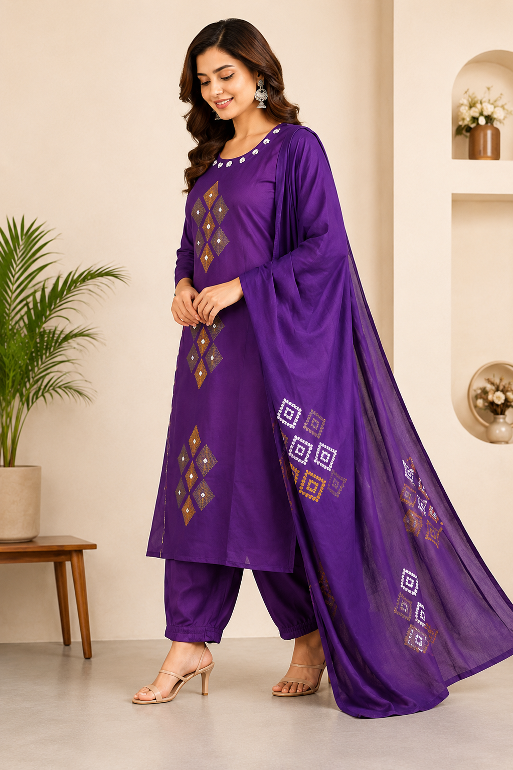 Elegant Royal Purple Pure Cotton Suit Set With Mirror Hand Work