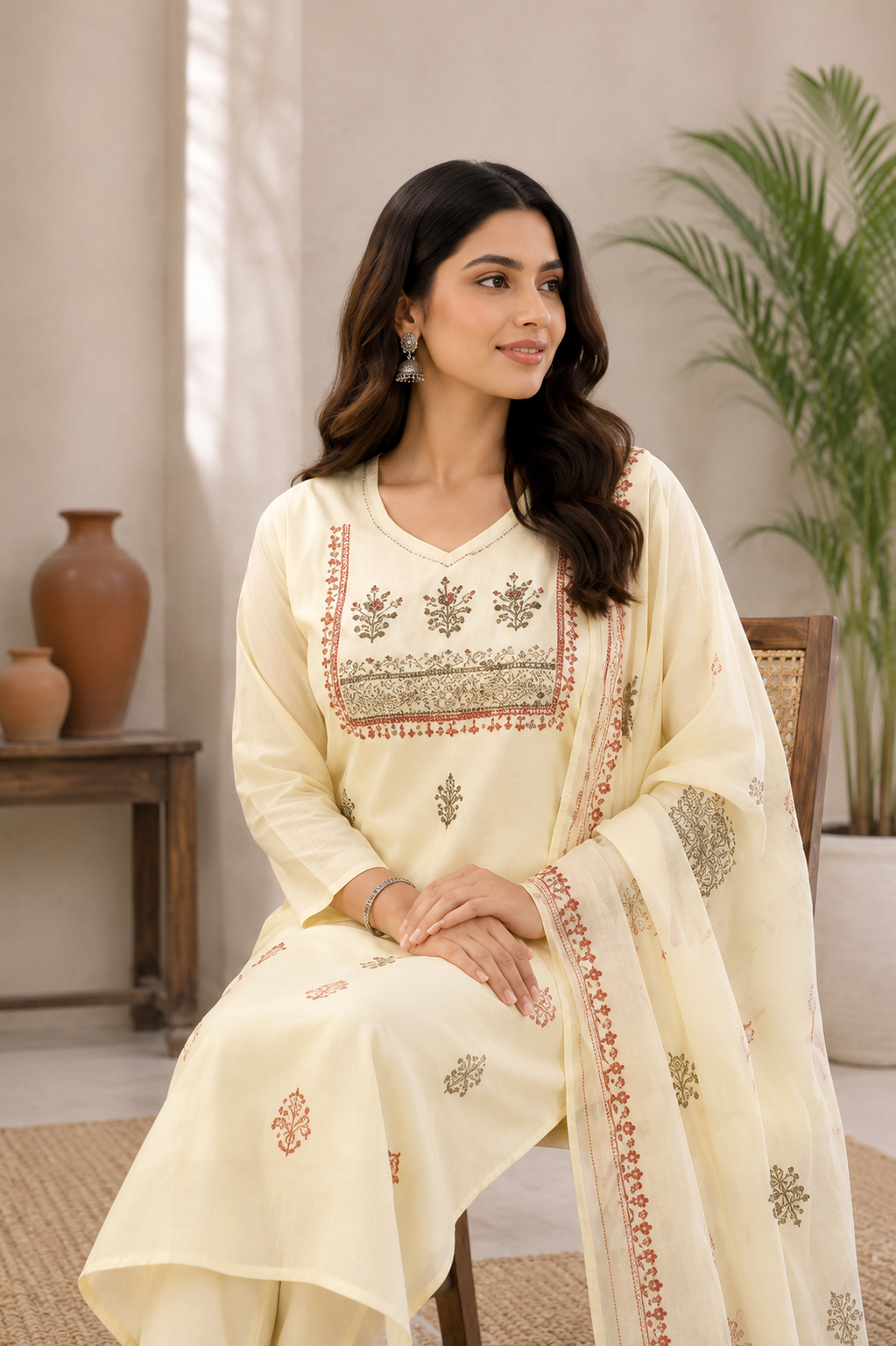 Ivory Cream Pure Cotton Hand Block Print Kurta Pant Set